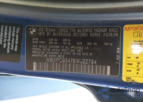 2008 BMW X3 3.0Si from USA, damaged, VIN WBXPC93478WJ22794